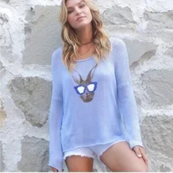 NWT Womens Wooden Ships Blue Wisp Gray Hip Hare Slouchy Crew Neck Sweater S/M - Picture 2 of 8